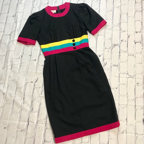 Vintage Dresses & Skirts - 80’s Vintage Mod Rainbow Striped Neon Pinup Dress